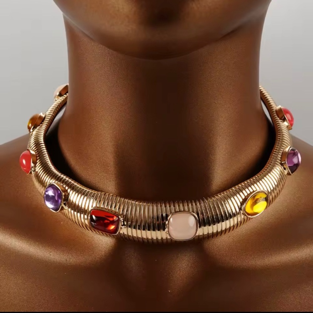 Anthro Gold Colorful Crystals Gypsy Ribbed Chocker Necklace
